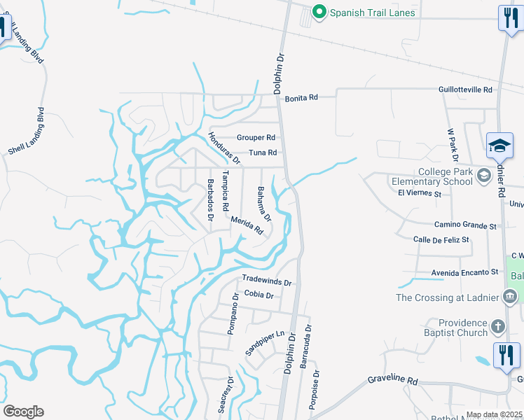 map of restaurants, bars, coffee shops, grocery stores, and more near 2521 Bahama Drive in Gautier