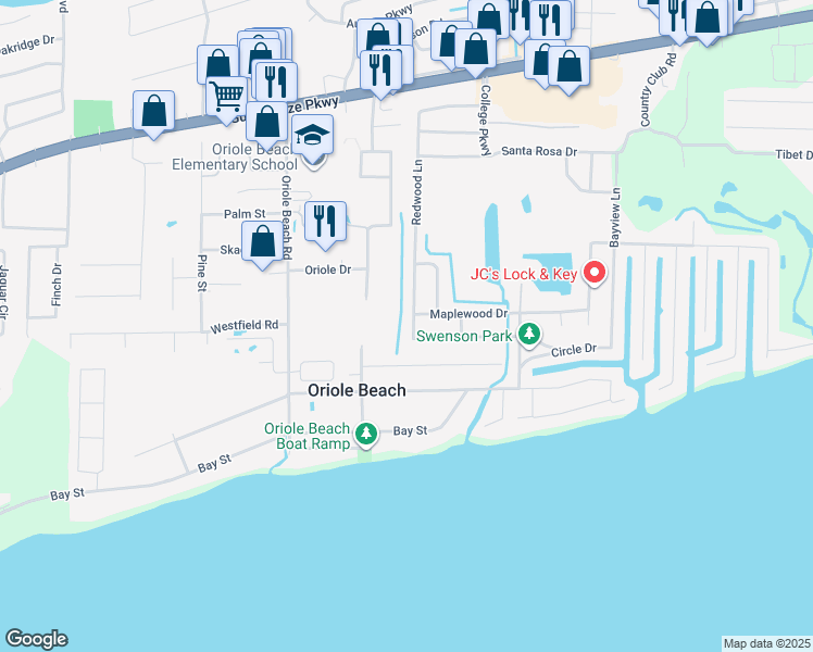map of restaurants, bars, coffee shops, grocery stores, and more near 1119 Redwood Lane in Gulf Breeze