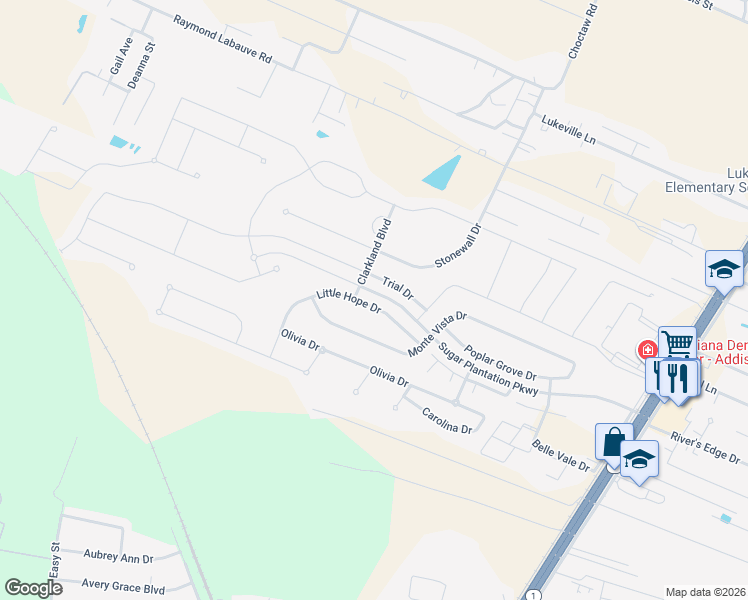 map of restaurants, bars, coffee shops, grocery stores, and more near 4352 Little Hope Drive in Addis