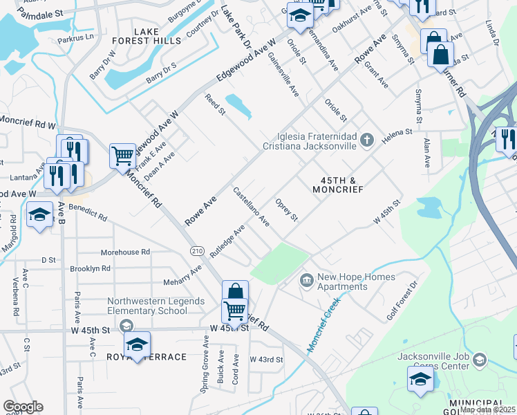 map of restaurants, bars, coffee shops, grocery stores, and more near 5807 Castellano Avenue in Jacksonville