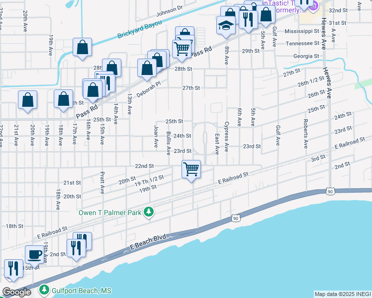 map of restaurants, bars, coffee shops, grocery stores, and more near 2300 Pine Avenue in Gulfport