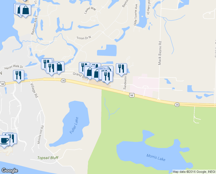 map of restaurants, bars, coffee shops, grocery stores, and more near 8196 Emerald Coast Pkwy in Miramar Beach