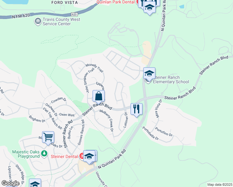 map of restaurants, bars, coffee shops, grocery stores, and more near 3805 Caney Creek Road in Austin