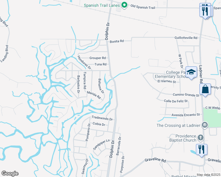 map of restaurants, bars, coffee shops, grocery stores, and more near 2529 Caravelle Circle in Gautier
