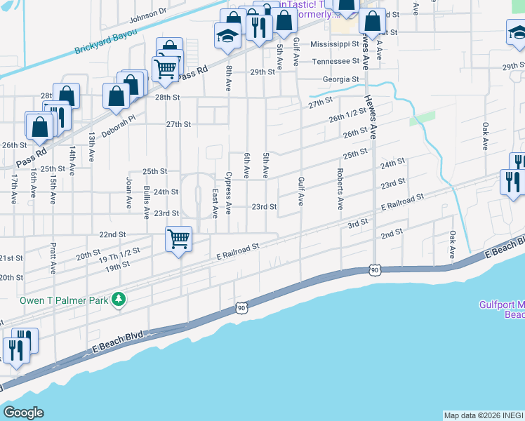 map of restaurants, bars, coffee shops, grocery stores, and more near 2227a 5th Avenue in Gulfport