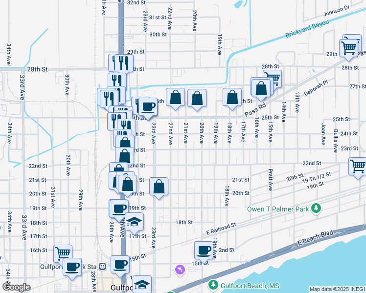 map of restaurants, bars, coffee shops, grocery stores, and more near 2301 21st Avenue in Gulfport