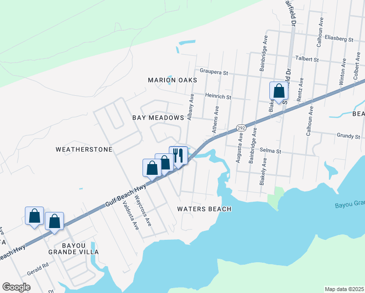 map of restaurants, bars, coffee shops, grocery stores, and more near 7803 Bay Meadows Drive in Pensacola