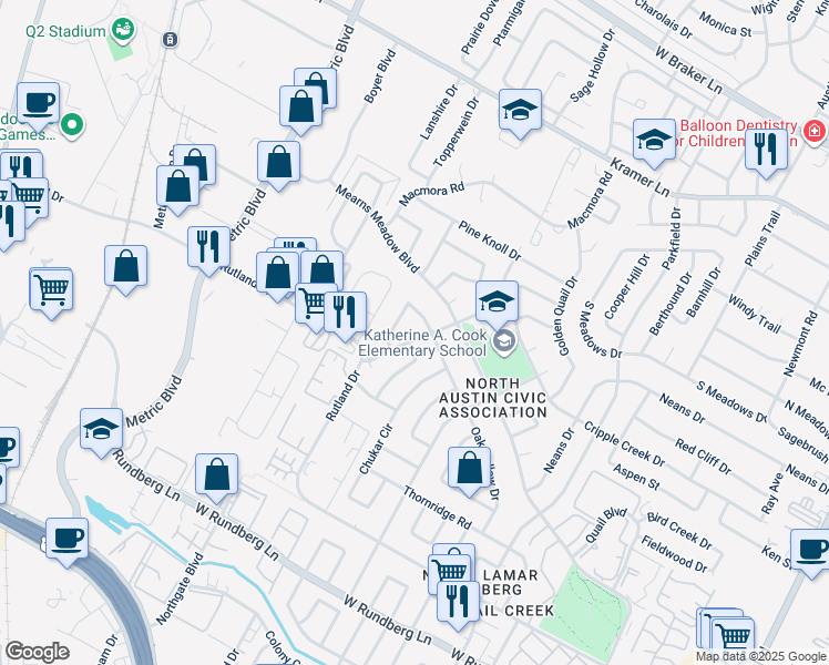 map of restaurants, bars, coffee shops, grocery stores, and more near 10200 Quail Valley Boulevard in Austin
