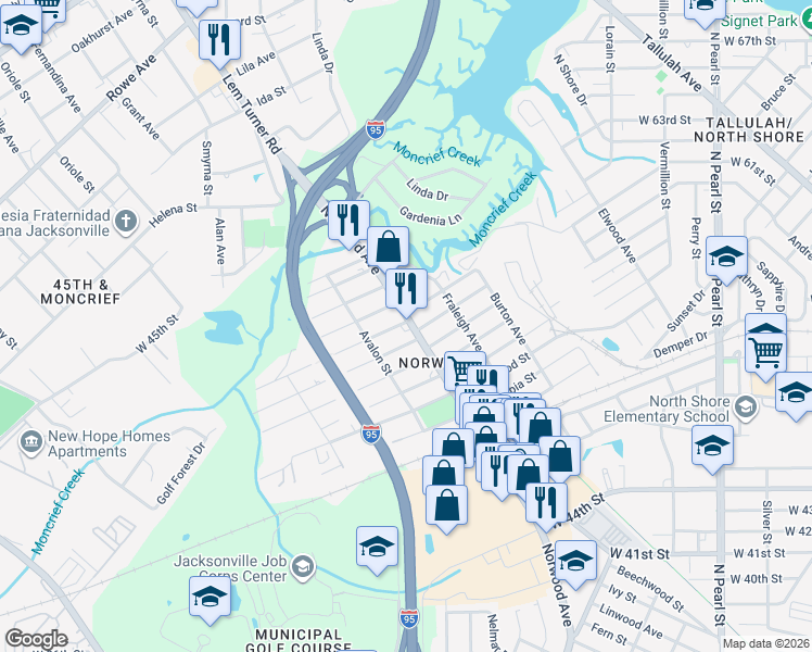 map of restaurants, bars, coffee shops, grocery stores, and more near 6514 Norwood Avenue in Jacksonville