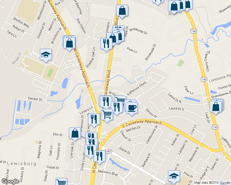 map of restaurants, bars, coffee shops, grocery stores, and more near 476 Devon Dr in Mandeville