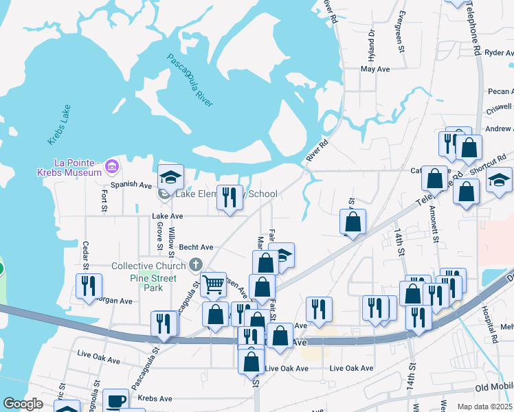 map of restaurants, bars, coffee shops, grocery stores, and more near 4505 Pascagoula Street in Pascagoula
