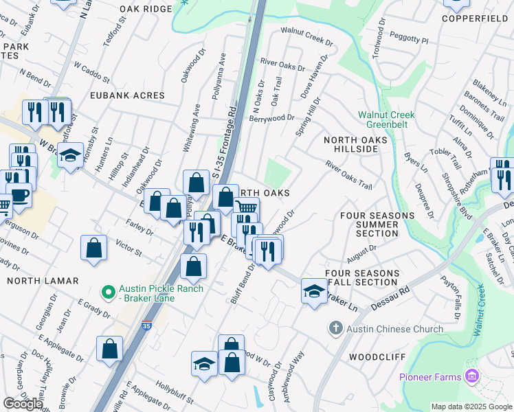 map of restaurants, bars, coffee shops, grocery stores, and more near 11441 North Interstate Highway 35 in Austin