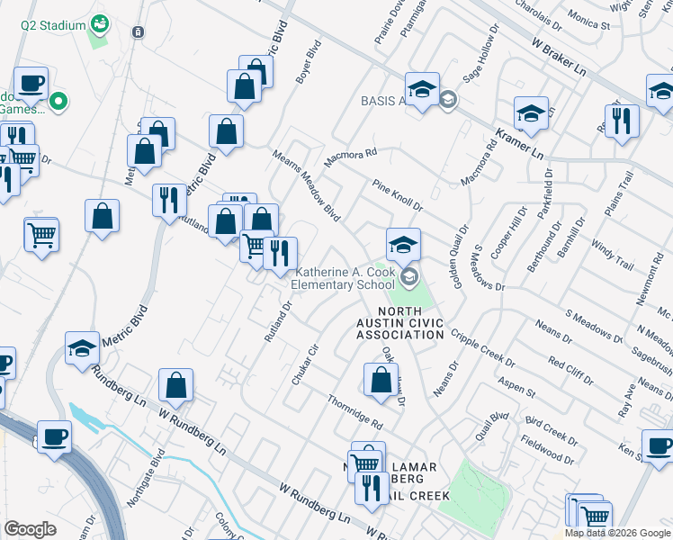 map of restaurants, bars, coffee shops, grocery stores, and more near 10107 Quail Valley Boulevard in Austin