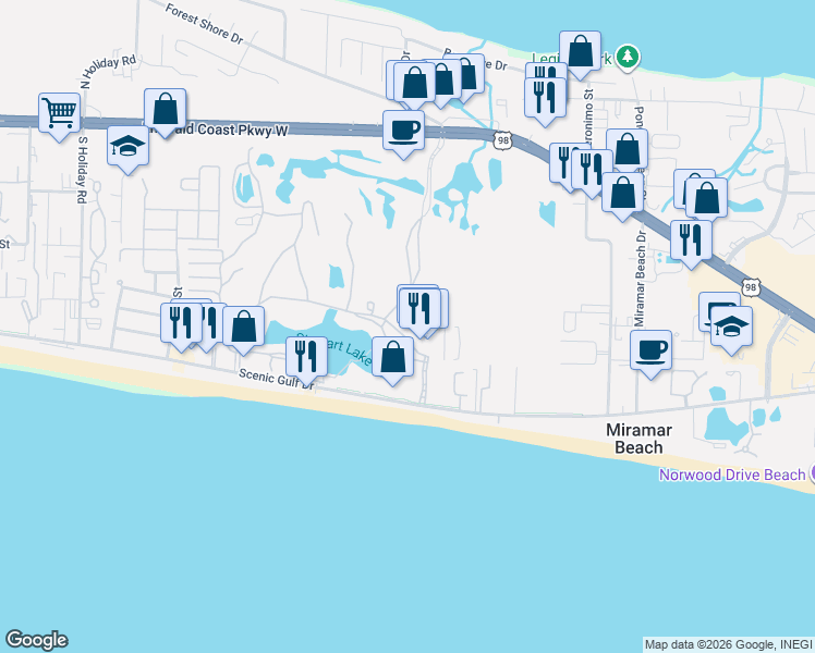 map of restaurants, bars, coffee shops, grocery stores, and more near in Miramar Beach