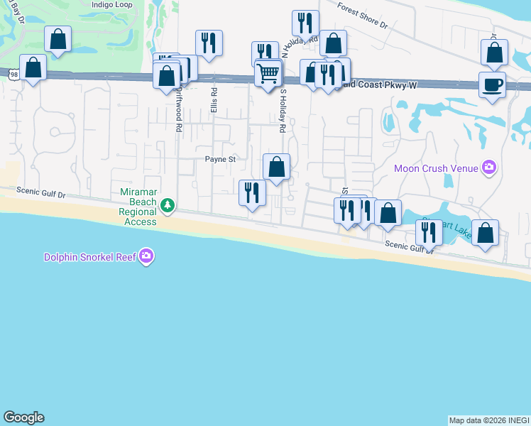map of restaurants, bars, coffee shops, grocery stores, and more near 2020 Scenic Gulf Drive in Miramar Beach