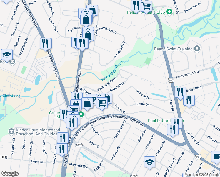 map of restaurants, bars, coffee shops, grocery stores, and more near 120 Shaunell Drive in Mandeville