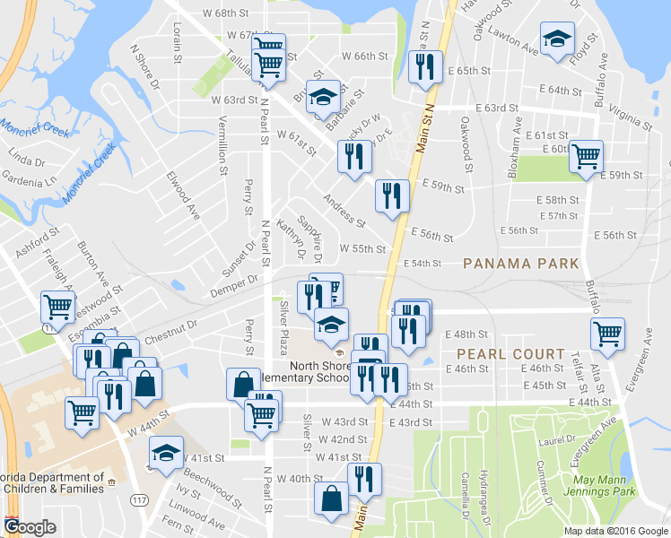 map of restaurants, bars, coffee shops, grocery stores, and more near 122 West 54th Street in Jacksonville