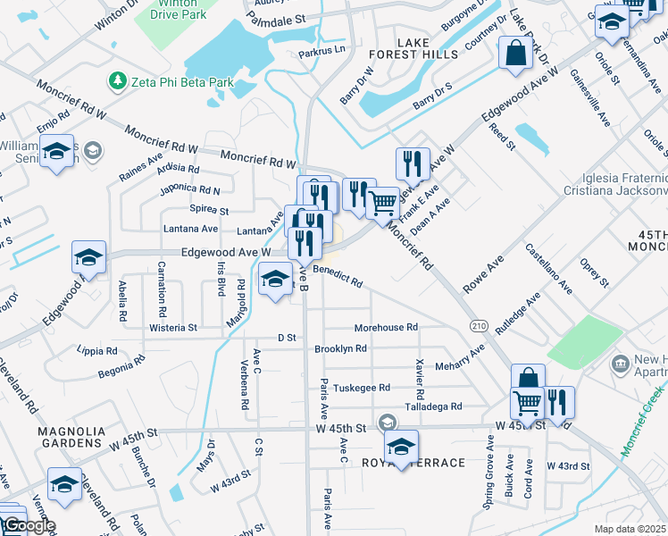 map of restaurants, bars, coffee shops, grocery stores, and more near 2187 Benedict Road in Jacksonville