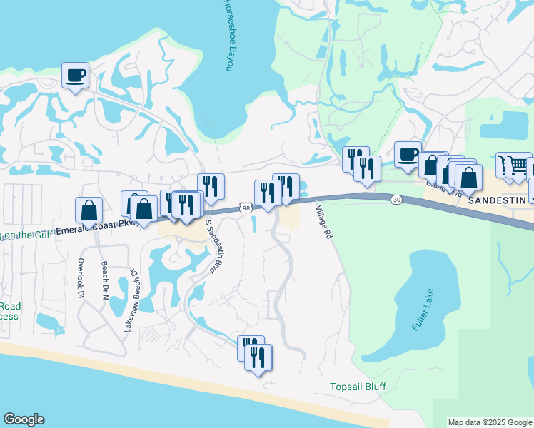 map of restaurants, bars, coffee shops, grocery stores, and more near 9011 U.S. 98 in Miramar Beach