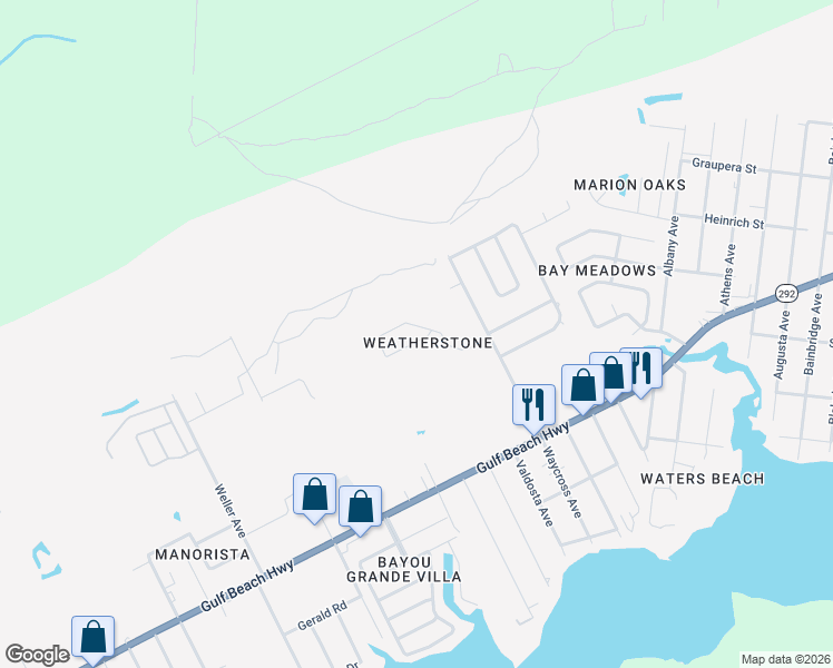 map of restaurants, bars, coffee shops, grocery stores, and more near 3915 Weatherstone Circle in Pensacola