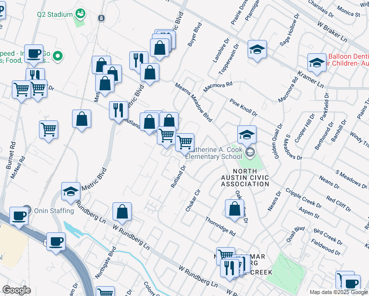 map of restaurants, bars, coffee shops, grocery stores, and more near 10003 Rutland Village East in Austin