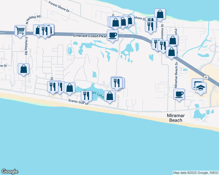 map of restaurants, bars, coffee shops, grocery stores, and more near 112 Seascape Boulevard in Miramar Beach