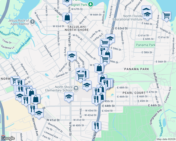 map of restaurants, bars, coffee shops, grocery stores, and more near 122 West 54th Street in Jacksonville