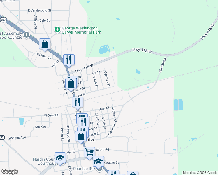map of restaurants, bars, coffee shops, grocery stores, and more near 817 1st St in Kountze