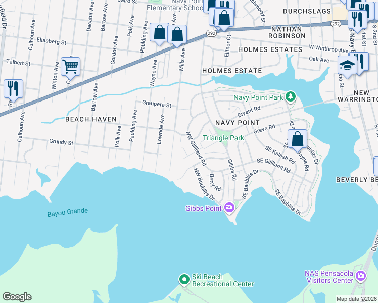map of restaurants, bars, coffee shops, grocery stores, and more near 102 Rowland Court in Pensacola