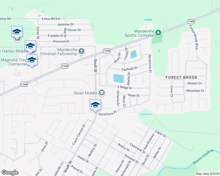 map of restaurants, bars, coffee shops, grocery stores, and more near 1258 South Ridge Drive in Mandeville