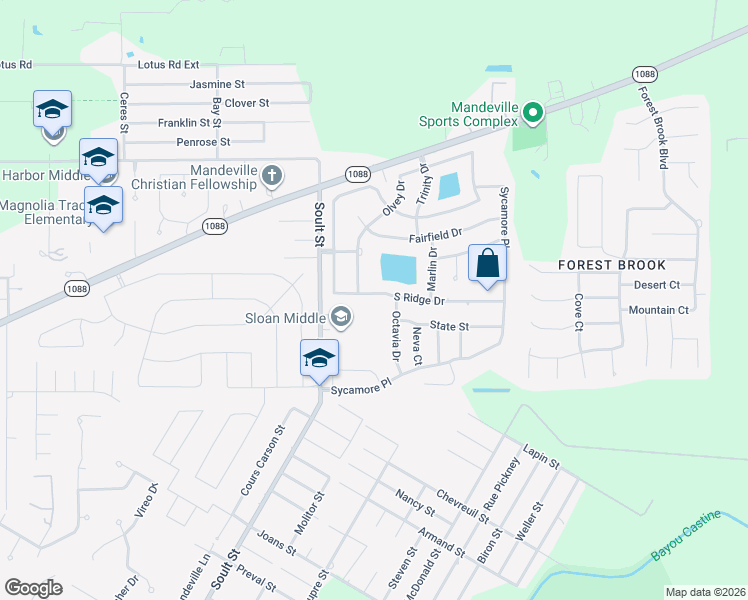 map of restaurants, bars, coffee shops, grocery stores, and more near 1258 S Ridge Dr in Mandeville