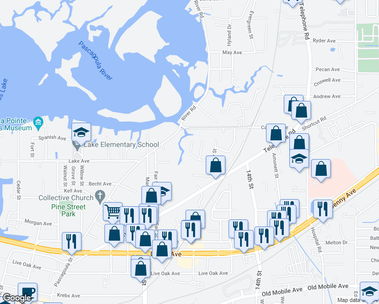 map of restaurants, bars, coffee shops, grocery stores, and more near 4505 Cauley Lane in Pascagoula