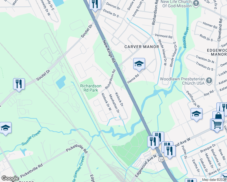 map of restaurants, bars, coffee shops, grocery stores, and more near 6614 Kinlock Drive in Jacksonville