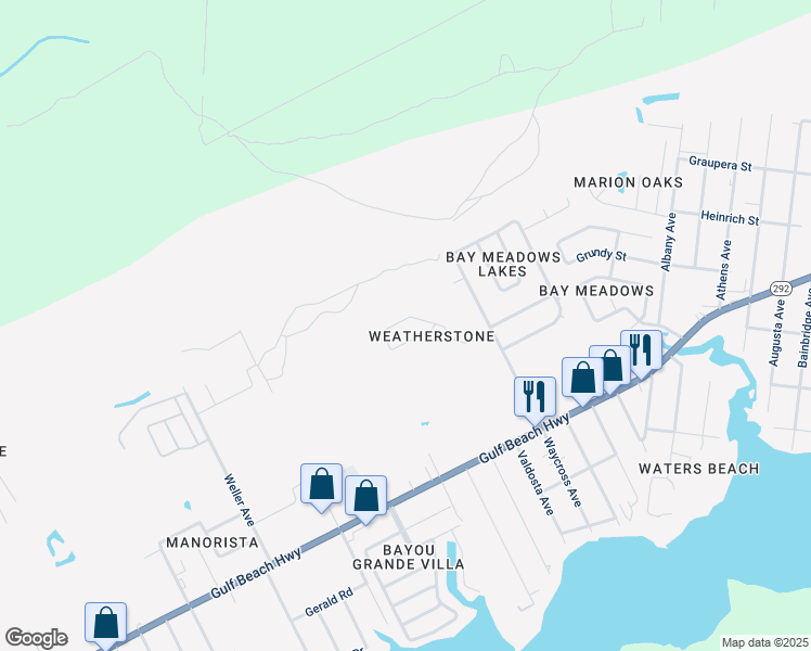 map of restaurants, bars, coffee shops, grocery stores, and more near 3799 Weatherstone Circle in Pensacola