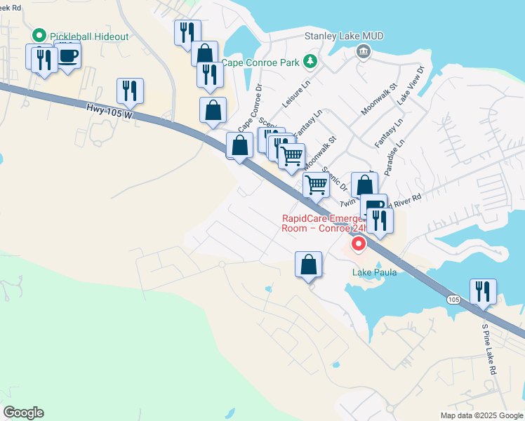 map of restaurants, bars, coffee shops, grocery stores, and more near 18460 Sunrise Oaks Court in Montgomery