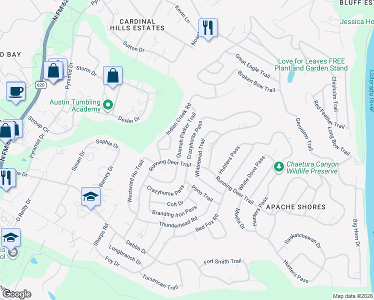 map of restaurants, bars, coffee shops, grocery stores, and more near 2104 Crazyhorse Pass in Austin
