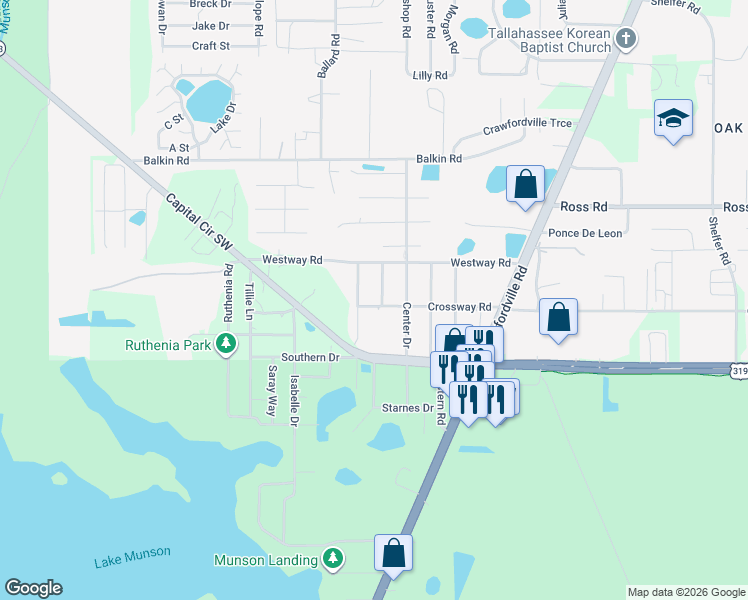 map of restaurants, bars, coffee shops, grocery stores, and more near 911 Crossway Road in Tallahassee