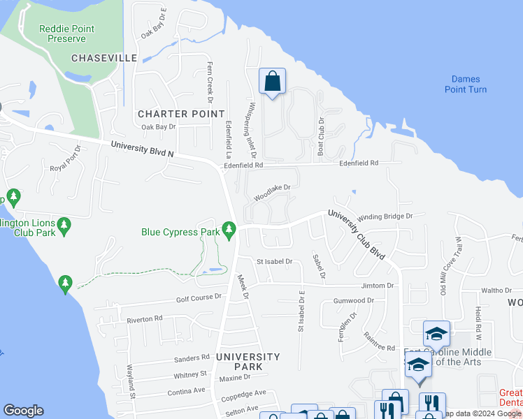 map of restaurants, bars, coffee shops, grocery stores, and more near 5791 5791-5 University Club Ap in Jacksonville