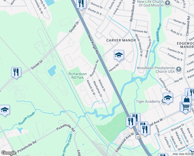 map of restaurants, bars, coffee shops, grocery stores, and more near 6614 Kinlock Drive in Jacksonville