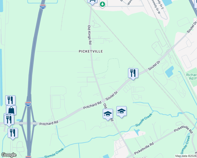 map of restaurants, bars, coffee shops, grocery stores, and more near 6727 Old Kings Road in Jacksonville