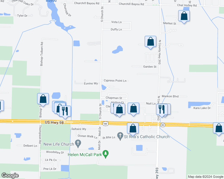 map of restaurants, bars, coffee shops, grocery stores, and more near 185 North Zander Way in Santa Rosa Beach