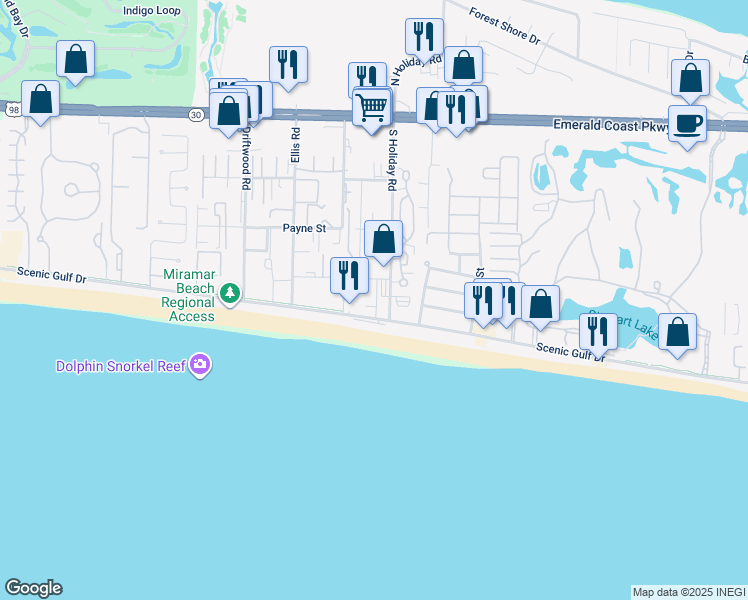 map of restaurants, bars, coffee shops, grocery stores, and more near 2020 Scenic Gulf Drive in Miramar Beach