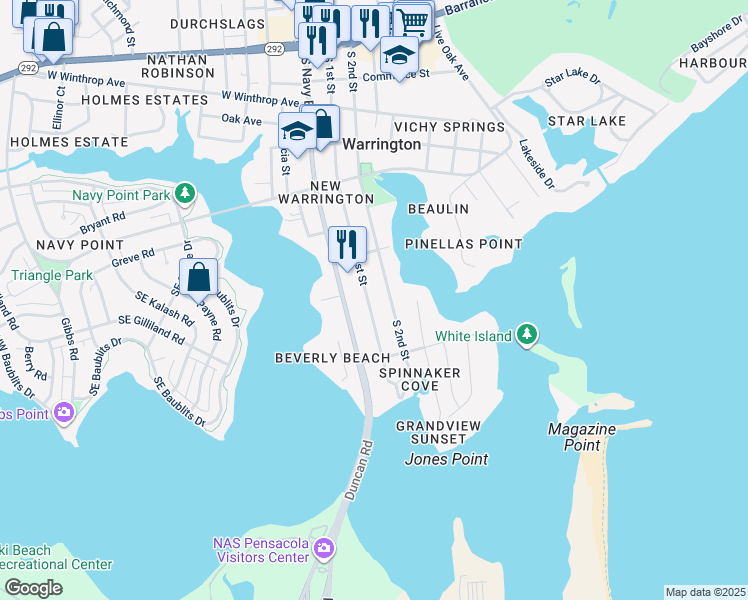 map of restaurants, bars, coffee shops, grocery stores, and more near 530 South Navy Boulevard in Pensacola