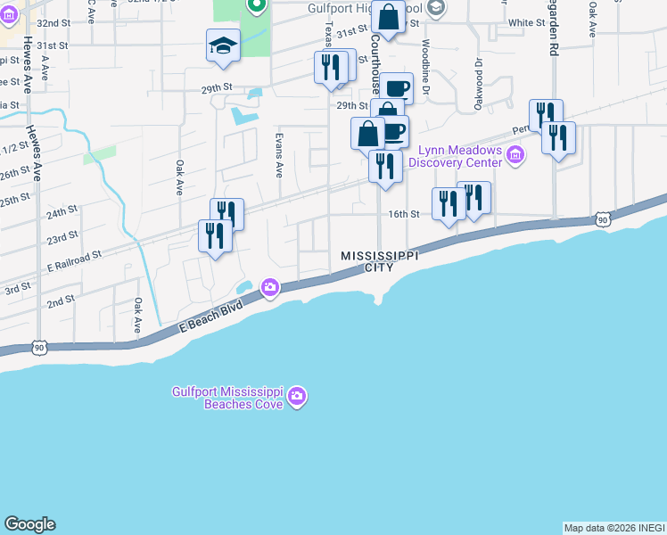 map of restaurants, bars, coffee shops, grocery stores, and more near 80 East Beach Boulevard in Gulfport