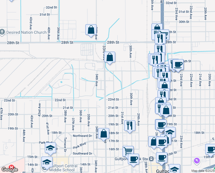 map of restaurants, bars, coffee shops, grocery stores, and more near 2300 33rd Avenue in Gulfport