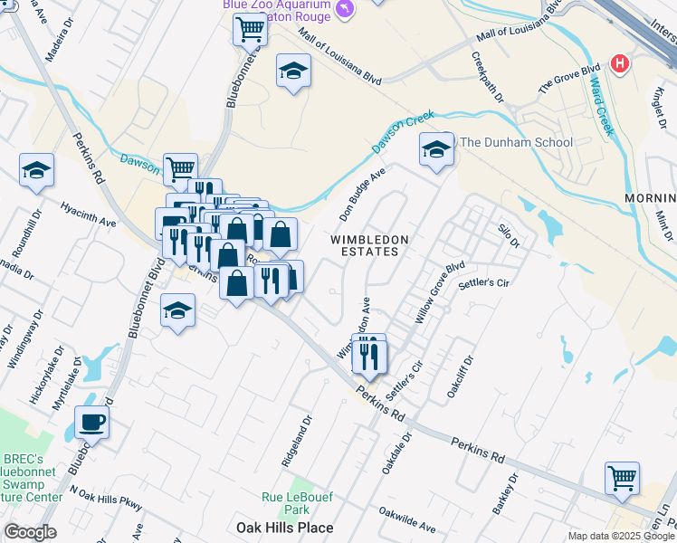 map of restaurants, bars, coffee shops, grocery stores, and more near 7923 John Newcombe Avenue in Baton Rouge