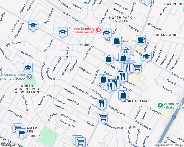 map of restaurants, bars, coffee shops, grocery stores, and more near 10702 Newmont Road in Austin