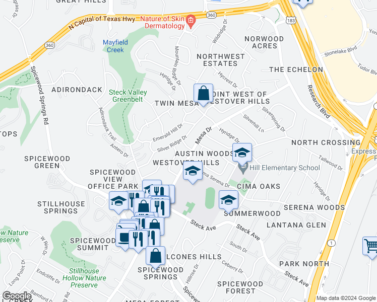 map of restaurants, bars, coffee shops, grocery stores, and more near 8506 Mesa Drive in Austin