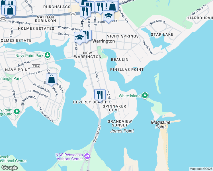 map of restaurants, bars, coffee shops, grocery stores, and more near 524 South 2nd Street in Pensacola