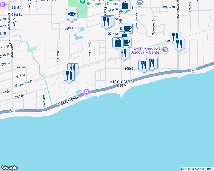 map of restaurants, bars, coffee shops, grocery stores, and more near 80 East Beach Boulevard in Gulfport